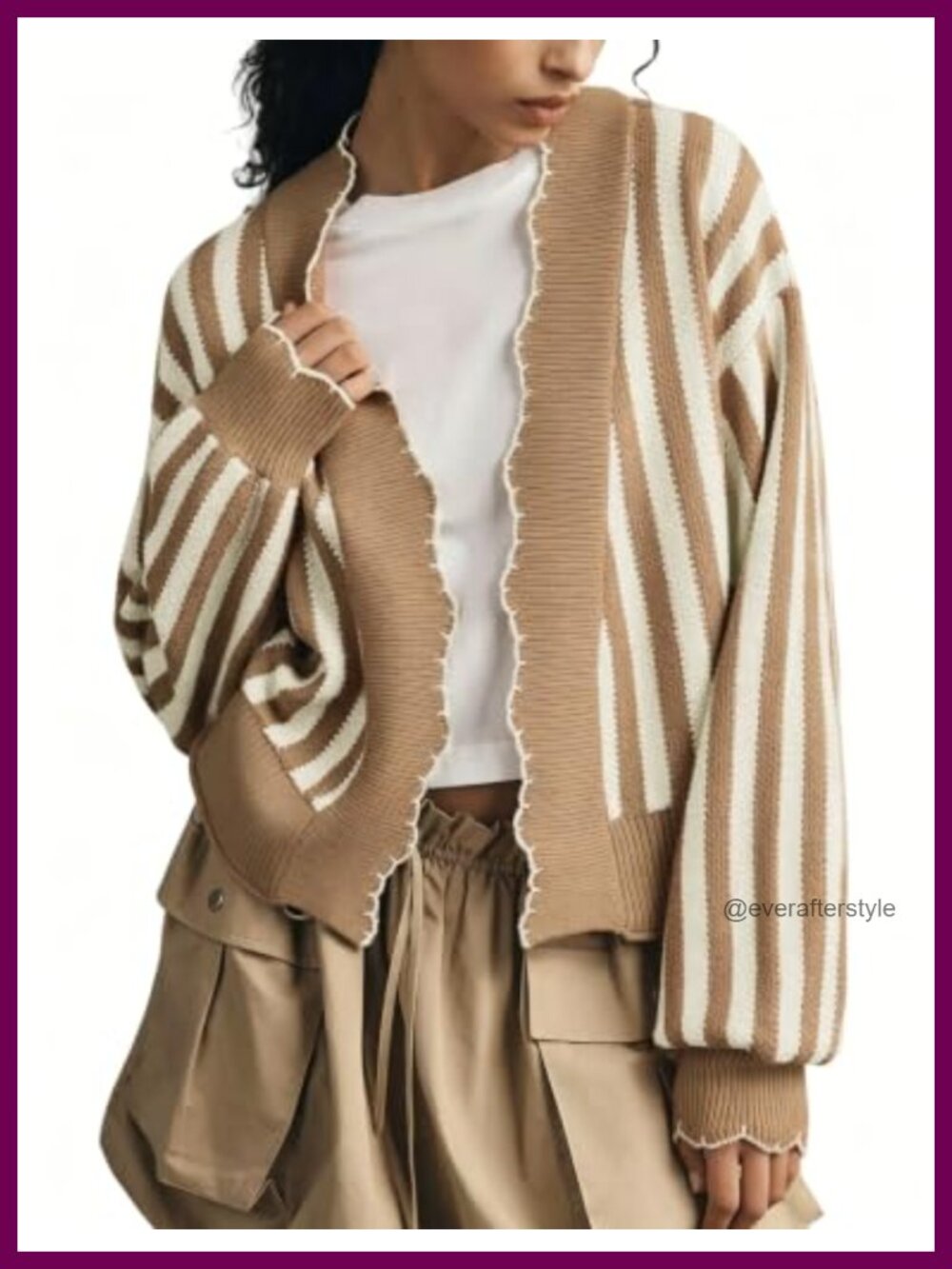 Striped Waffle Knit Open Front Cardigan Ruffle Scalloped Trim Oversized